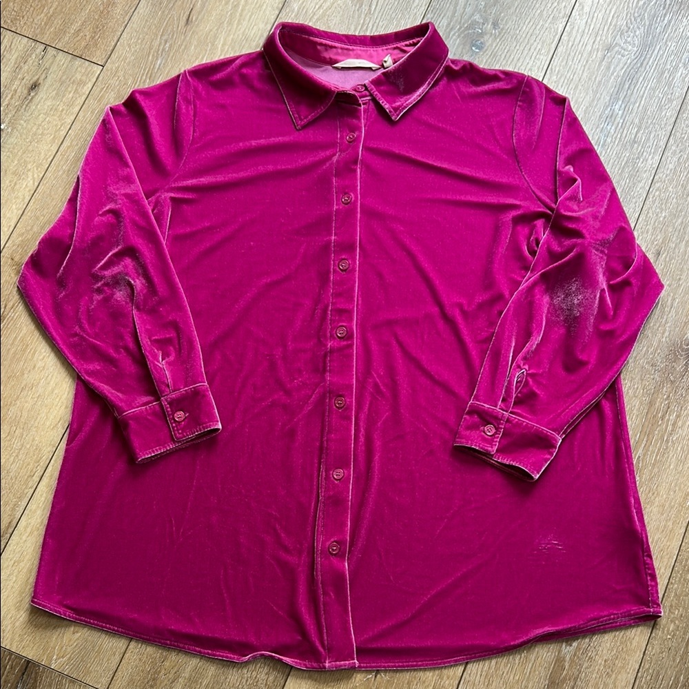 Soft Surroundings Womens Fuchsia Pink Velvet Velour Boyfriend Button Up Shirt 1X